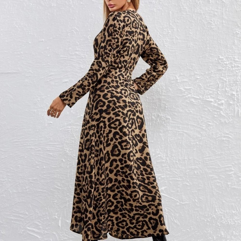 Leopard Print Self Belted Wrap maxi Dress - Picture 2 of 5